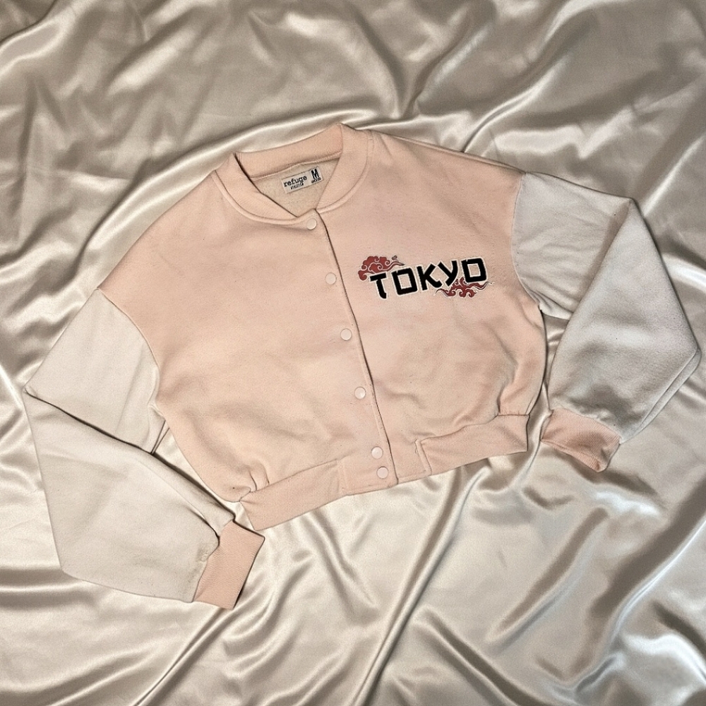 Urban Planet Tokyo Print Pink and White Women's Varsity Jacket Cropped - Picture 2 of 4